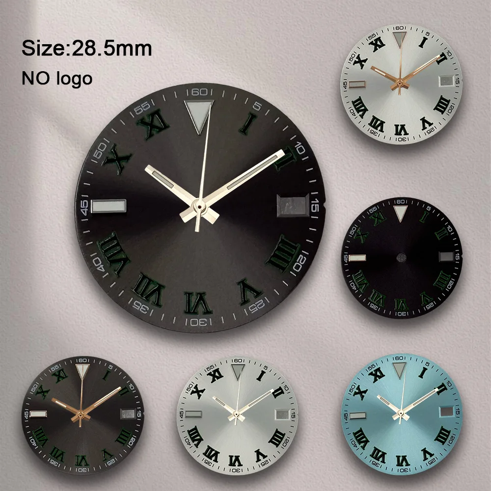 No Logo 28.5mm Roman Numeral Dial For NH35 Movement Green Luminous High-Quality Watch Dials Hands Watch Modification Accessories