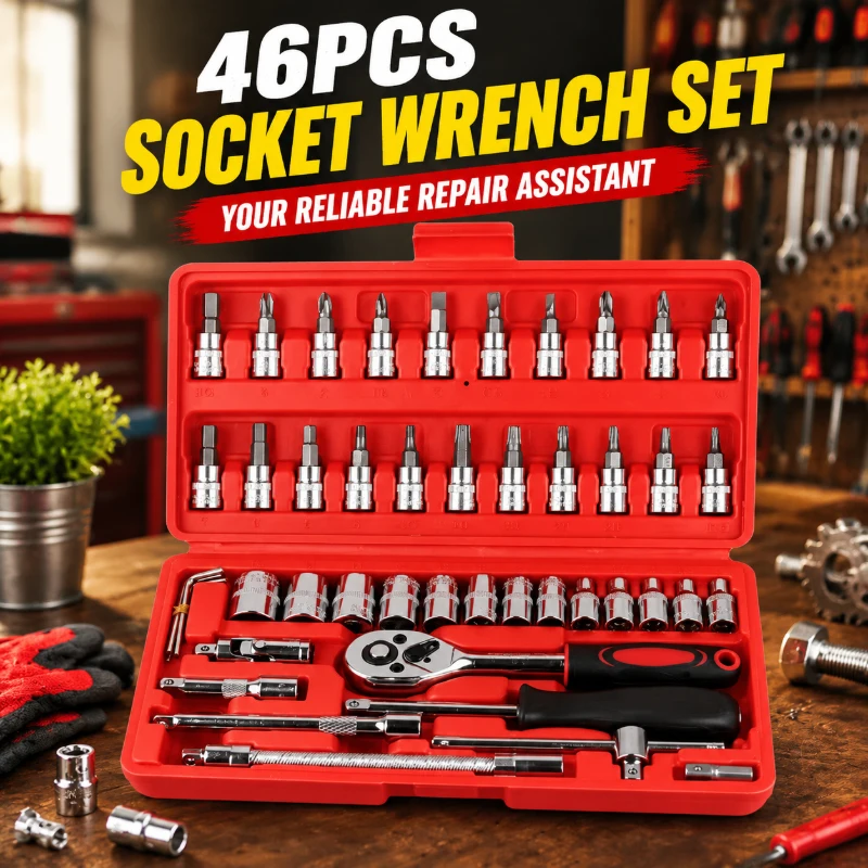 赤色46個入り1-4インチソケットラチェットツールキット、頑丈な携帯用手工具、車両修理と家庭機械メンテナンス用