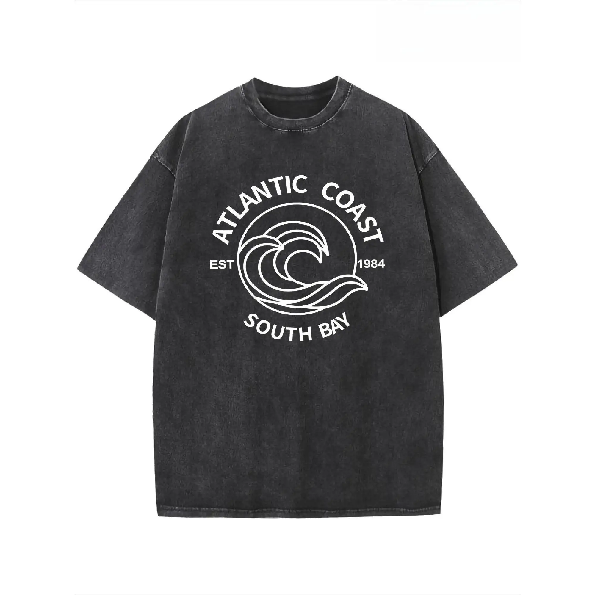 

Ladies' Retro Washed Cotton T-shirt, Casual Short-sleeved Round Neck Printed With The Pattern Of "Atlantic Coast", A Must-have F