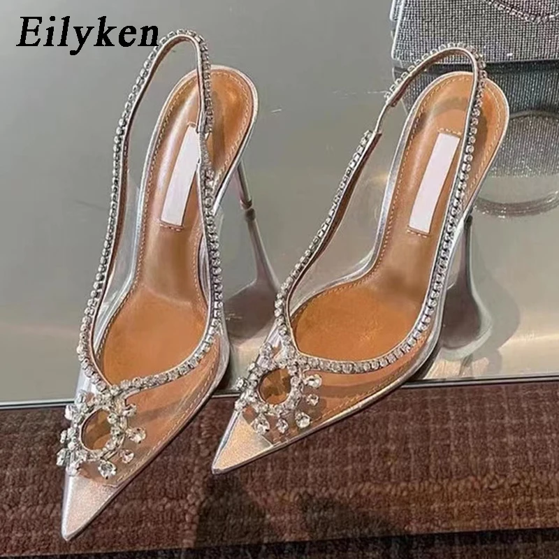 Eilyken PVC przezroczysty Rhinestone kobiety sandały pompy moda drążą pantofle wysokie obcasy buty ślubne