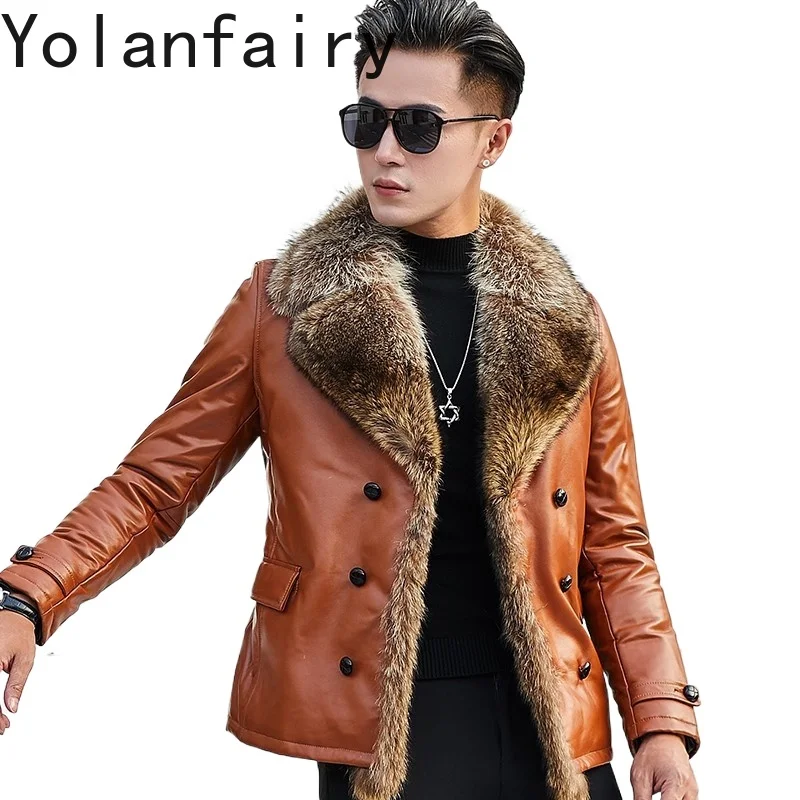 YOLANFAIRY Genuine Leather Sheepskin Men's Clothing Winter Short Down Jacket Raccoon Fur Collar Coats Fashion Chamarras De Piel