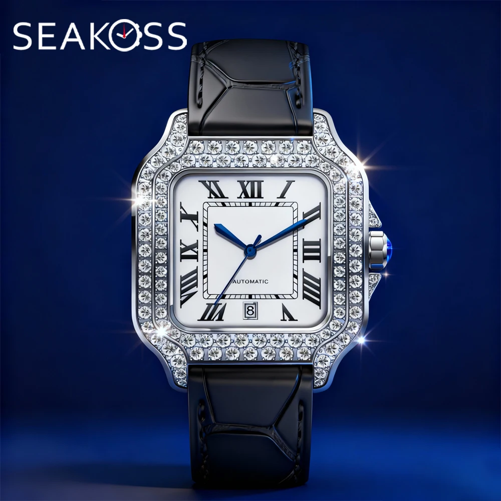 

SEAKOSS 40mm Full Iced Out Moissanite Diamond Watch Automatic Mechanical Wristwatch Bling Bling Hip Hop Diamond Watches for Men