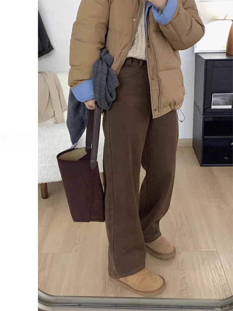 High Waist Wide Leg Straight Cut Loose Jeans Women's Coffee Color Slim Version Spring New Style Retro plus Size Denim Pants