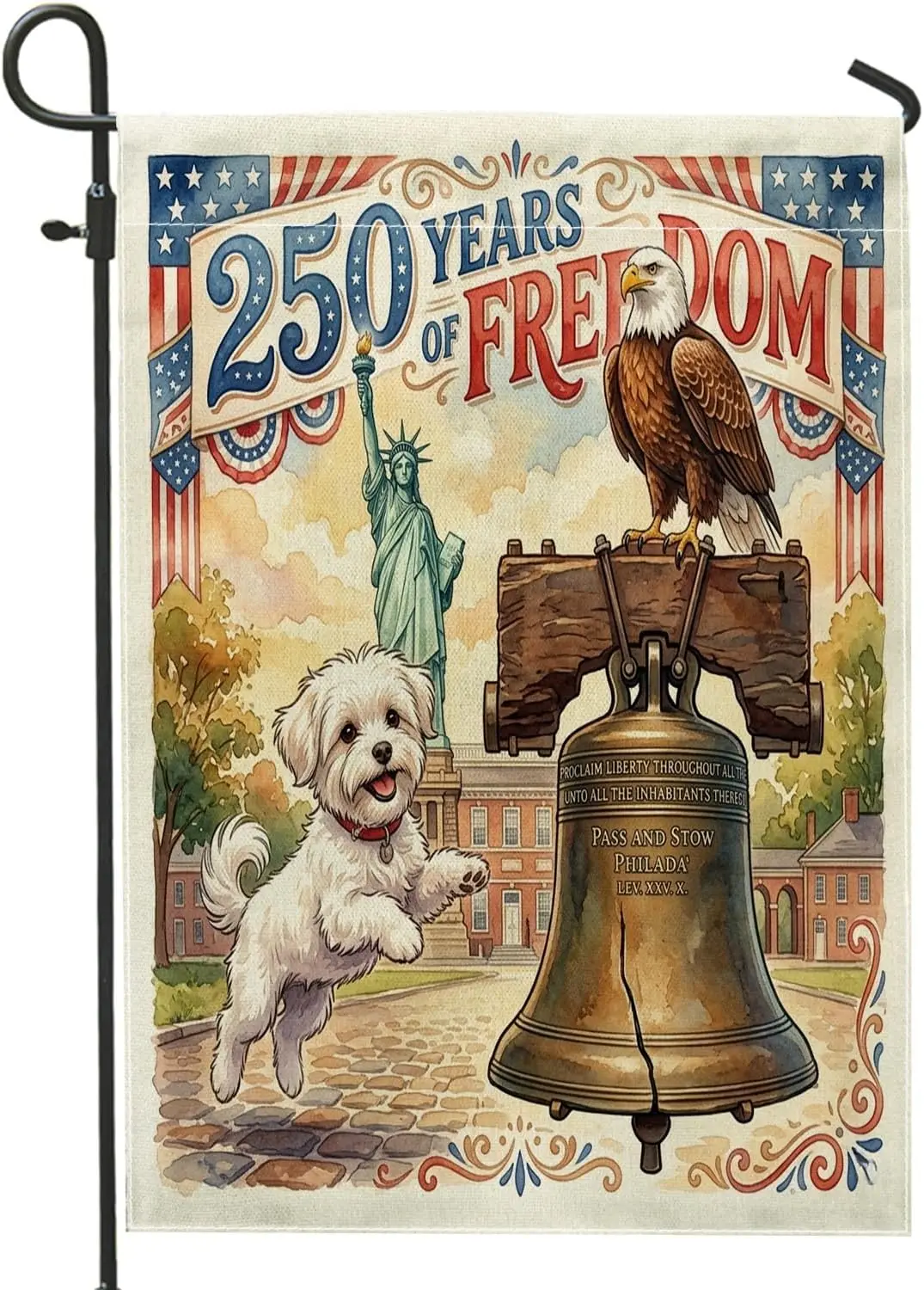 250 Years Maltese Dog Garden Flags 12x18 Inch Double Sided for Outside, Liberty Bells Front Yard Small Canvas House Flags, A AAS