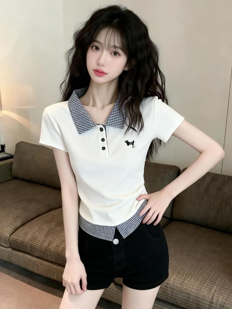 

Slim Fit Neck T-Shirt Women's Summer New Style Spicy Girl Short Sleeve Plaid Patchwork Top College Style City Walk Skin ...