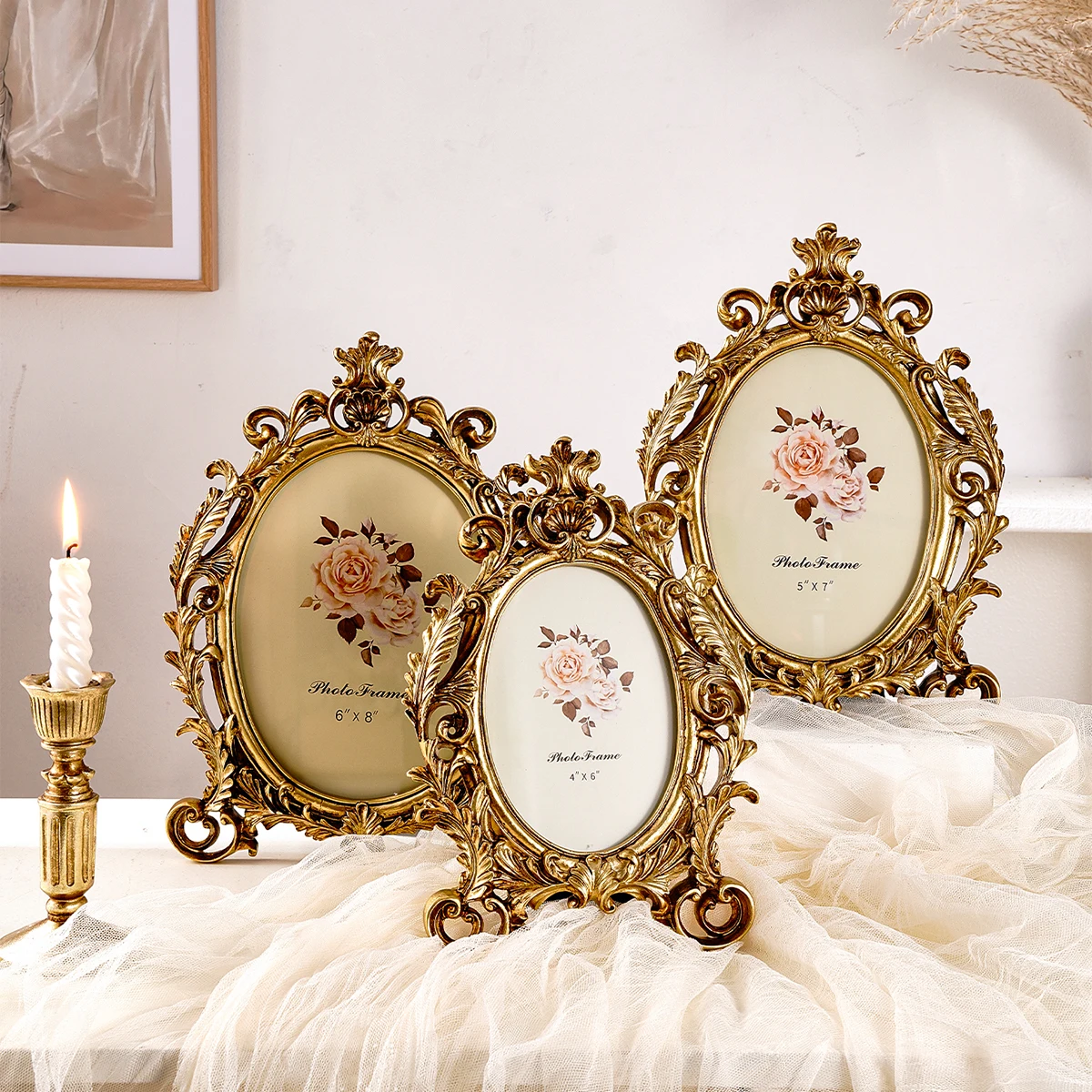 1pc European Style Vintage Gold Lace Oval Decoration Photo Frame for Photo Show Home Decoration