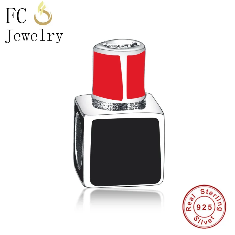 FC Jewelry Fit Original Brand Charms Bracelets 925 Sterling Silver Red Black Enamel Lipstick Pendant Beads For Making Berloque