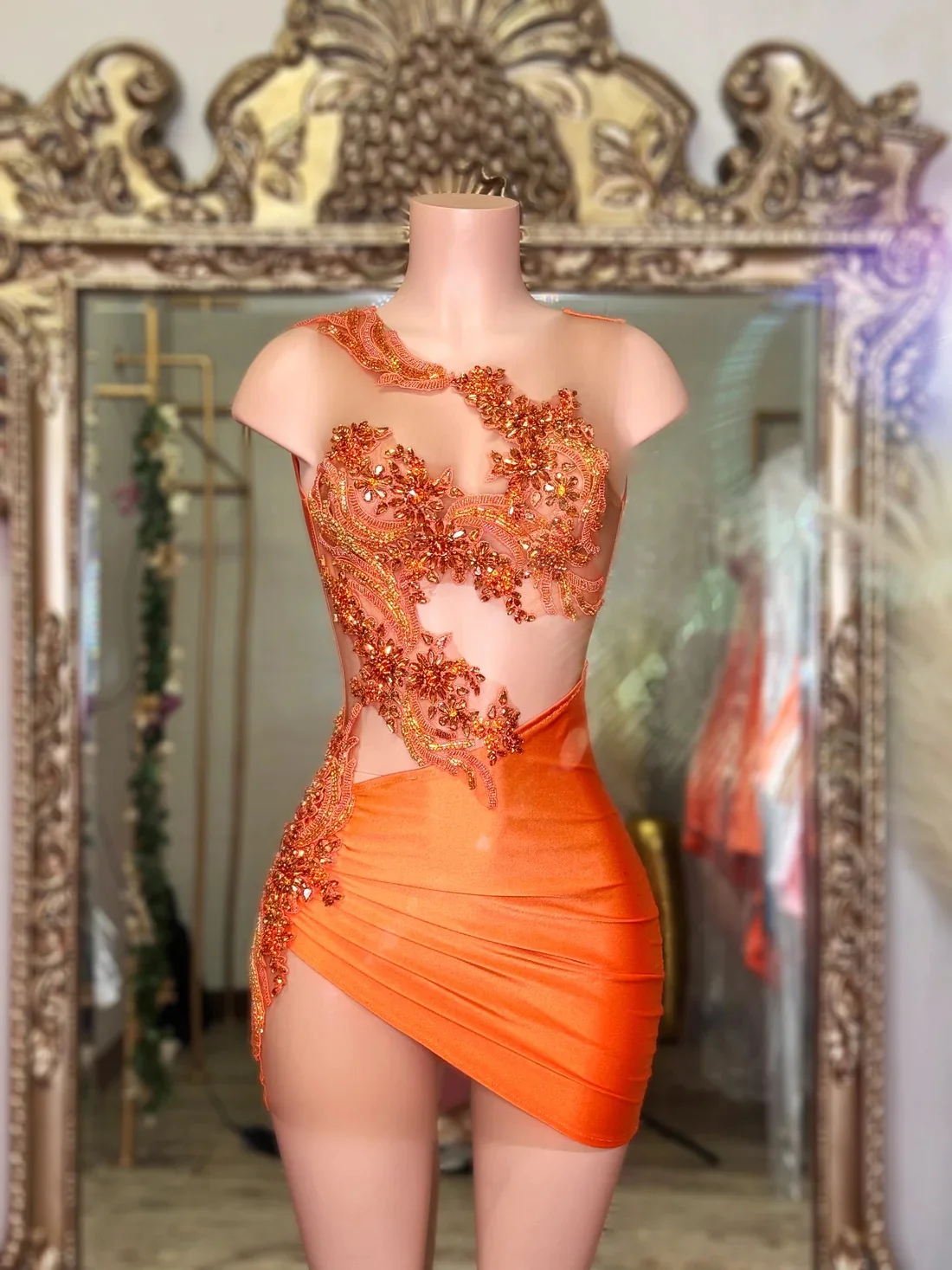 

Orange Short Prom Dresses Flor Black Girls Sheer Crystals Birthday Party Dresses African Cocktail Dresses Homecoming Customized
