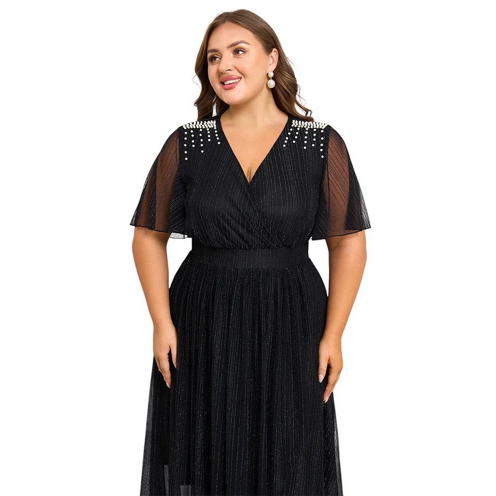 

Elegant Beads Elastic Waist Plus Size Formal Evening Dress With Short Sleeves Black