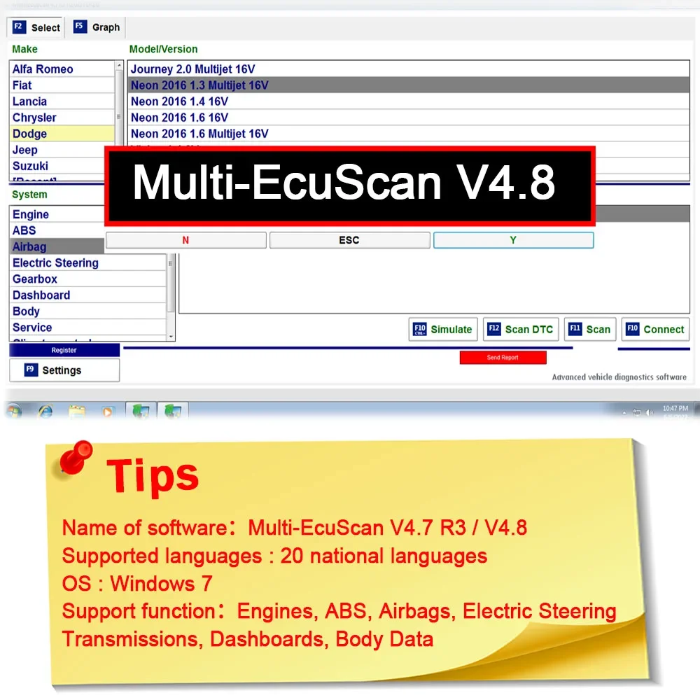 2024 New Multiecuscan V4.8 For Fiat/Chrysler/Dodge/Jeep/Suzuki Scanner Software 4.8 Work With ELM327 / OBD II Diagnostic Tool