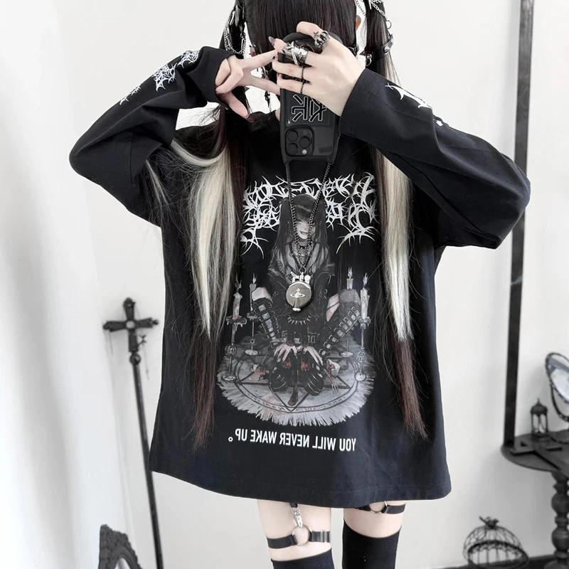 

Japanese Black Cartoon Print Vintage T-Shirt Y2K Aesthetic Casual Loose Women Punk Tops Autumn Harajuku Grunge Tees Femme