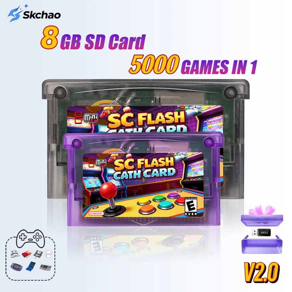 Nueva Tarjeta de Memoria SC Flash V2.0 Mini SC 5000 en 1 con Tarjeta TF de 8 GB y Adaptador para Consolas de Juegos GBA GBC GB NES NDS, Accesorios para Consolas de Juegos