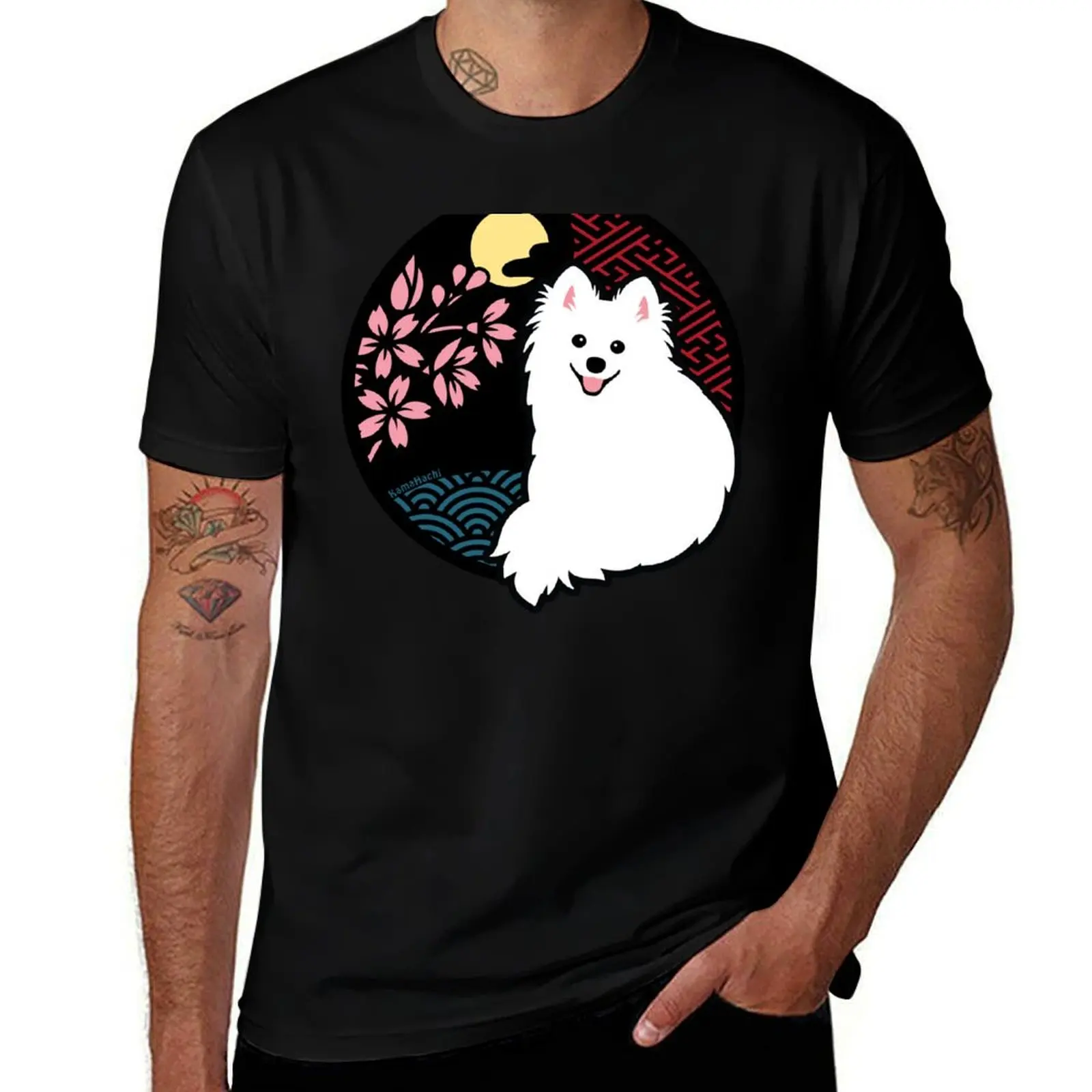 Happy Spitz Dog & Sakura - Japanese Kirie Paper Cutting Art Style (Black) T-Shirt Dry Fit Running Short Sleeve Top T-Shirt