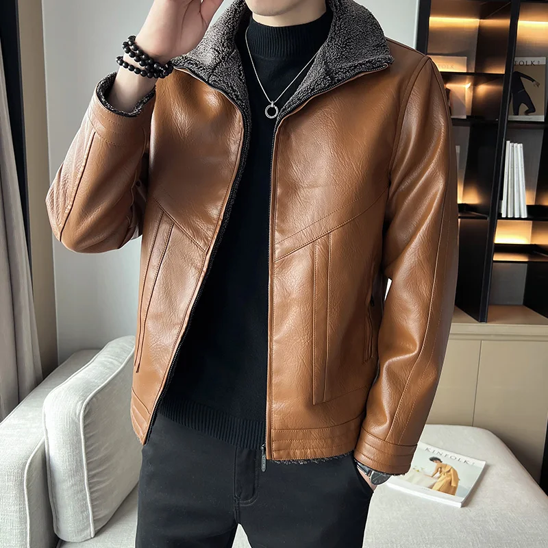 

2024 Thickened Brown Lamb Fleece Leather Cotton-padded Clothes Velvet Mens Winter Jackets For The Cold Coats With Fur 5xl Khaki