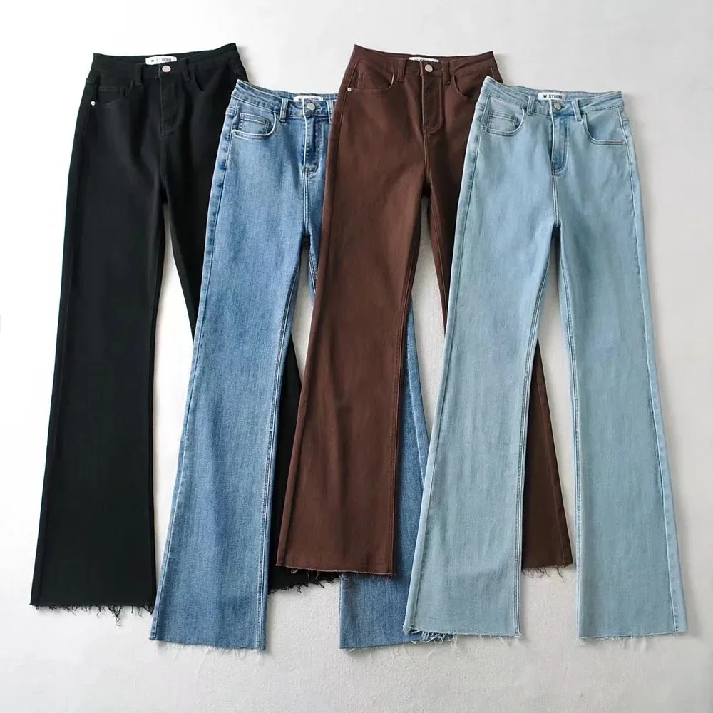 Nieuwe Hoge Taille Dames Micro-Uitlopende Jeans Afslankende Vintage Stretch Rechte Broek Zakken Slanke Denim Elastische Bell Bottoms