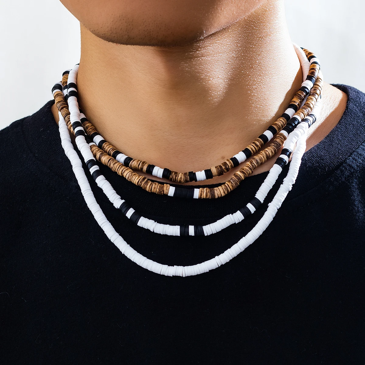 

Vintage Brown Wood Bead Chain Clavicle Necklace Boho Soft Pottery Round Slice Multi layered Choker Women's Casual Neck Jewelry