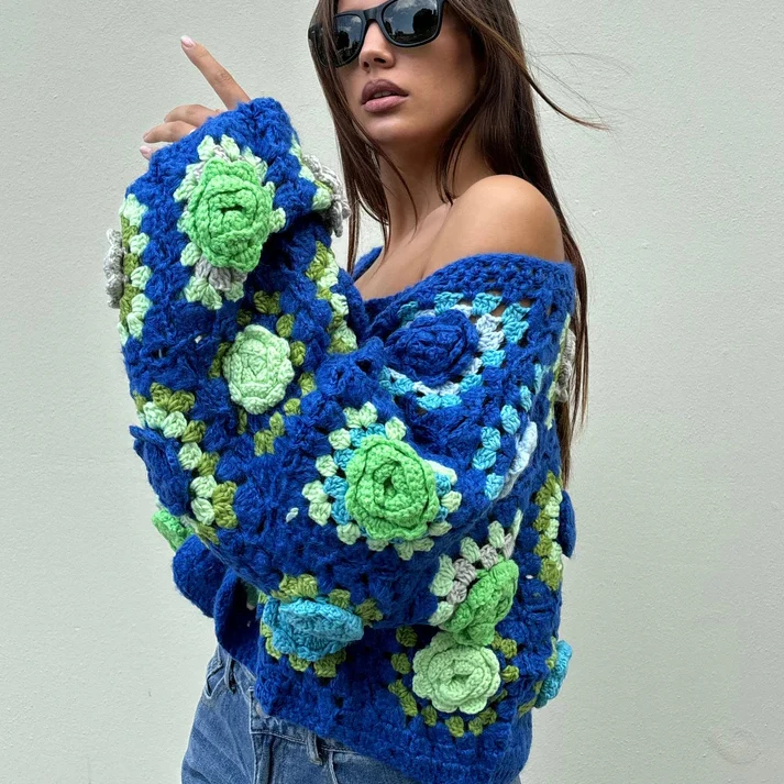 

TIYIHAILEY Full Sleeve Spring And Autumn Sweaters Hand Made Knitted Crochet Ladies Custom Made Cardigans Ladies Outerwear Flower