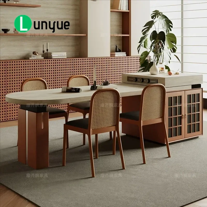 Retro Rock Slab Island Dining Table Retractable Bauhaus Style Antique Design Compact Size for Apartment Home Restaurant Space