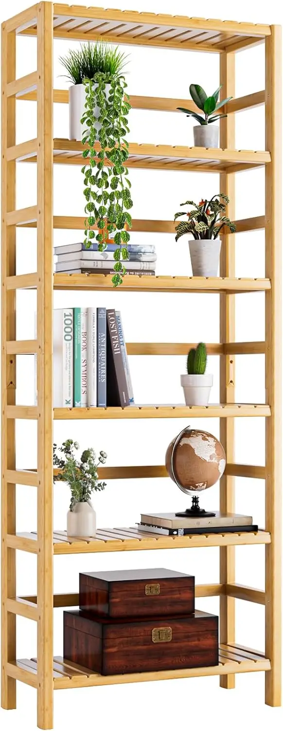 

Bamboo Shelf, 6-Tier Adjustable Tall Open Bookcase, Bathroom Storage Rack Freestanding Shelving Unit, Plant Display Stand