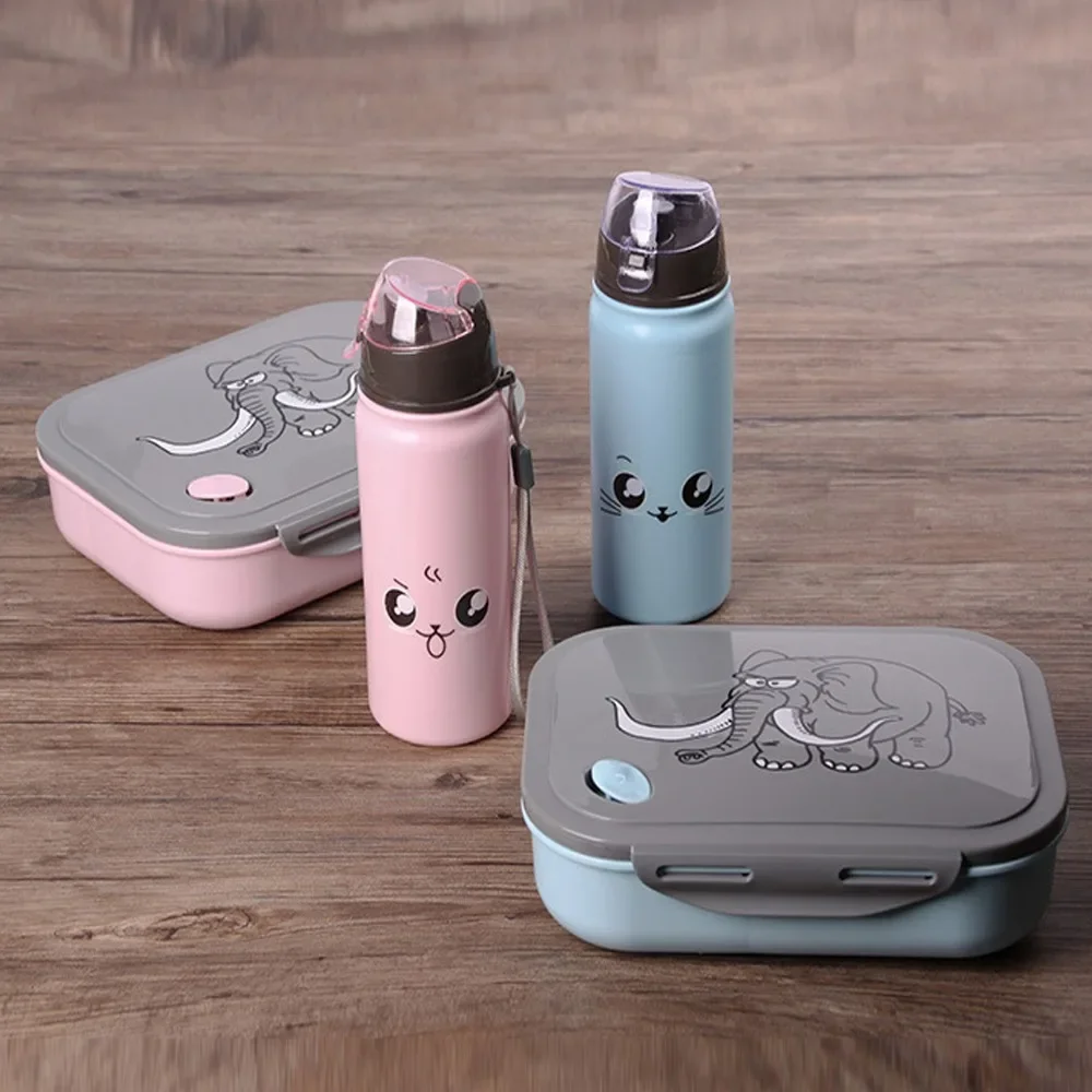 Fiambrera para niños con diseño de elefante de dibujos animados, juegos de botellas de agua, caja Bento de PP de calidad alimentaria, fiambrera portátil segura