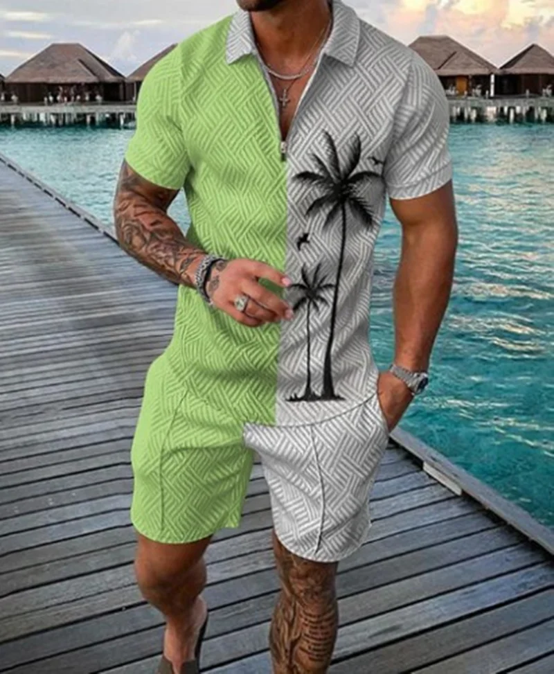 Fashion Summer Men's Tracksuit Short Sleeve Polo Shirt Set Coconut Tree 3D Print Clothing 2 Pieces Casual Suit Streetwear Outfit