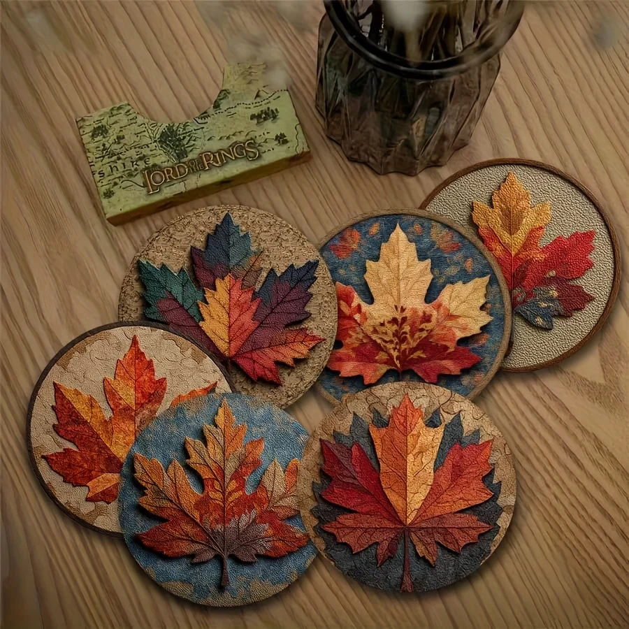 Seasonal Decor Gift 2D Maple Leaf 6PCS 10CM Wooden Coaster Heat Insulation Non-Slip Autumn Fall Cafe Office Home Party Decor