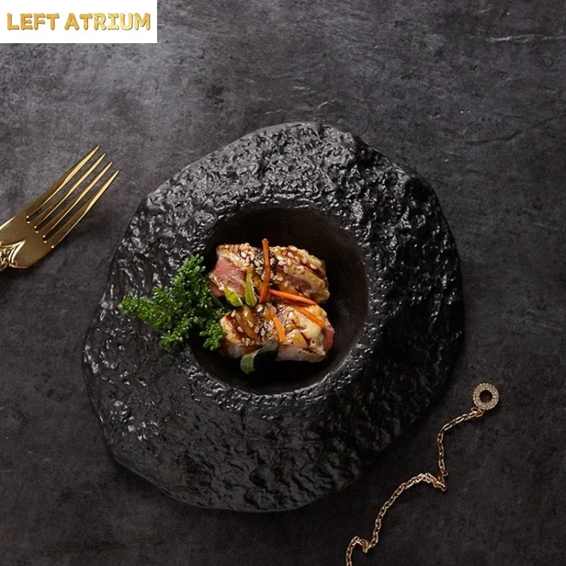Black Volcano-shaped Ceramic Dinner Plate Modern Irregular Porcelain Tableware Pasta and Steak Plate Cooking Bowls and Dishes