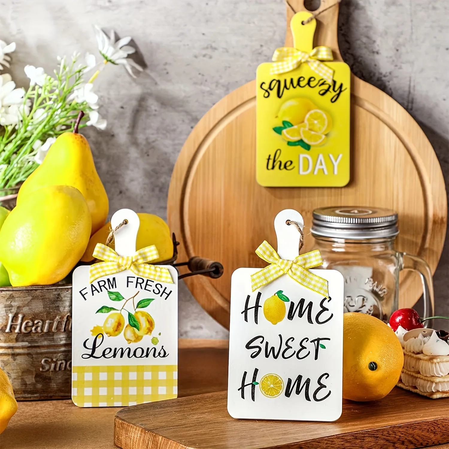 

3pcs Lemon Theme Wooden Hanging Decorations Summer Party Fruit Watermelon Listing Wooden Crafts Kitchen Decorations