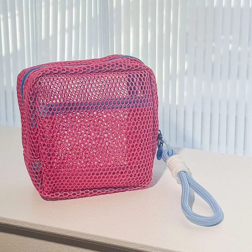 ألوان متنوعة مقبض شبكي بسحاب أكياس قابلة للغسل خفيفة الوزن مربعة حقيبة أدوات الزينة قابلة لإعادة الاستخدام ومقاومة للاهتراء محفظة نسائية للعملات المعدنية يوميًا #4
