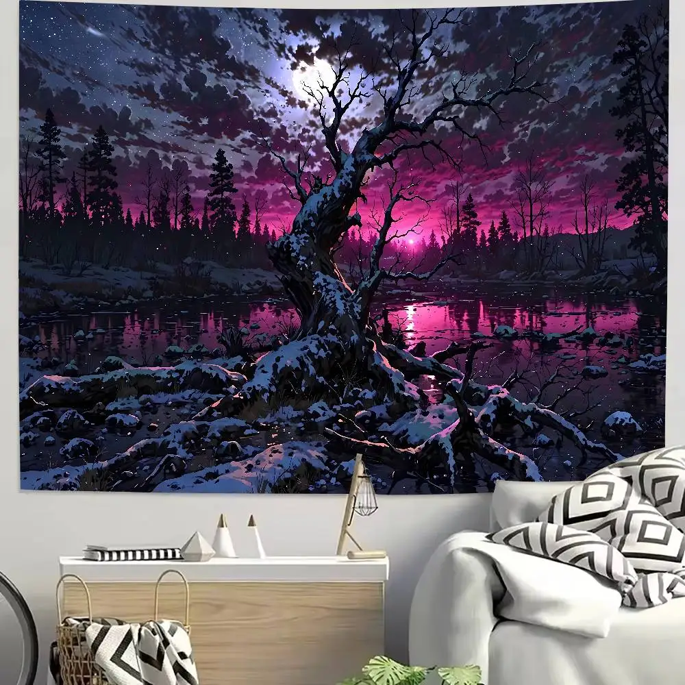 Starry Night Scene Tapestry Wall Hanging Dreamy Night Sky Moon Star Landscape Art Wall Decor for Bedroom Living Room Dorm Home