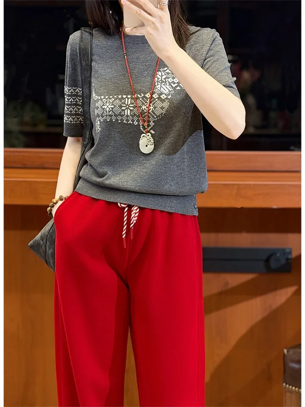 

Pet Lovers Nameless Fine Needle Wool Soft Short Sleeve T-Shirt Spring Summer Vintage Sausage Dog Pattern Button Ladies...