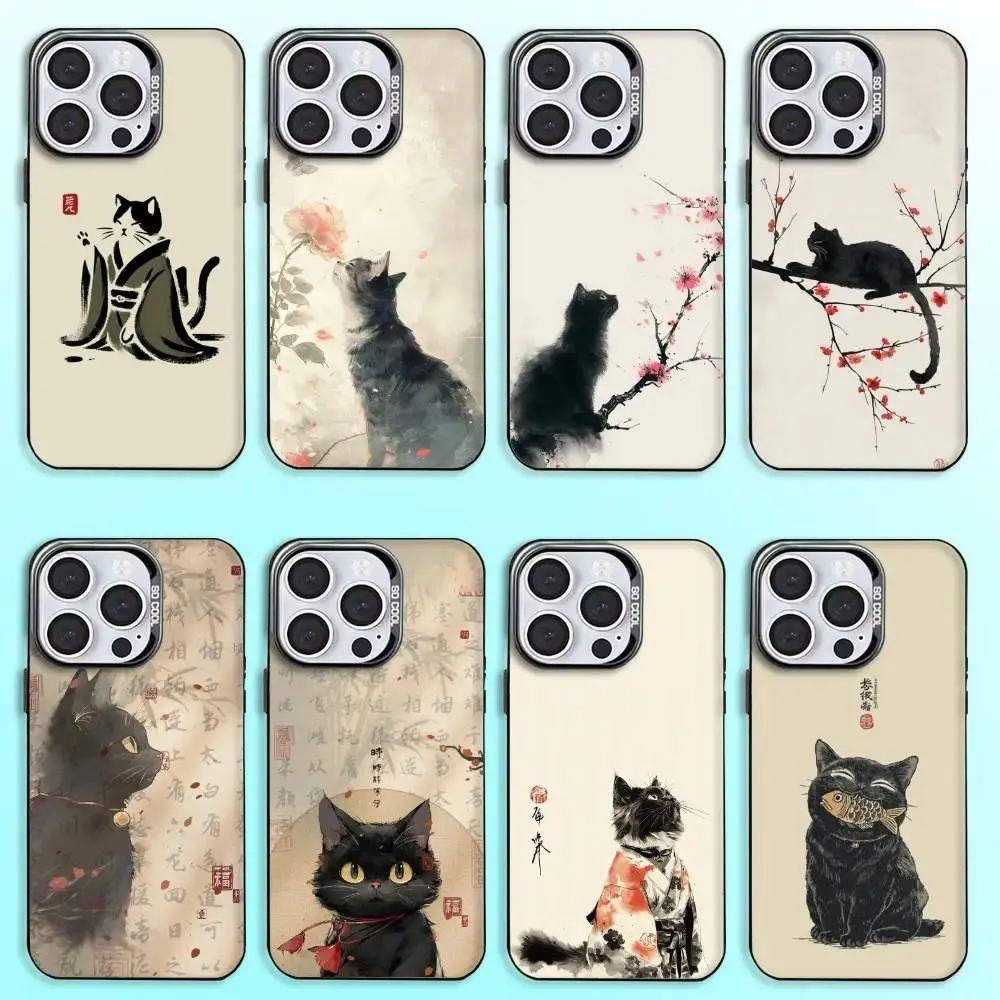 

Oriental Style Black Cat Phone Case For iPhone17,16,15,14,13,12,11 Plus,Pro Max Colored Silver Plated Inside Cover