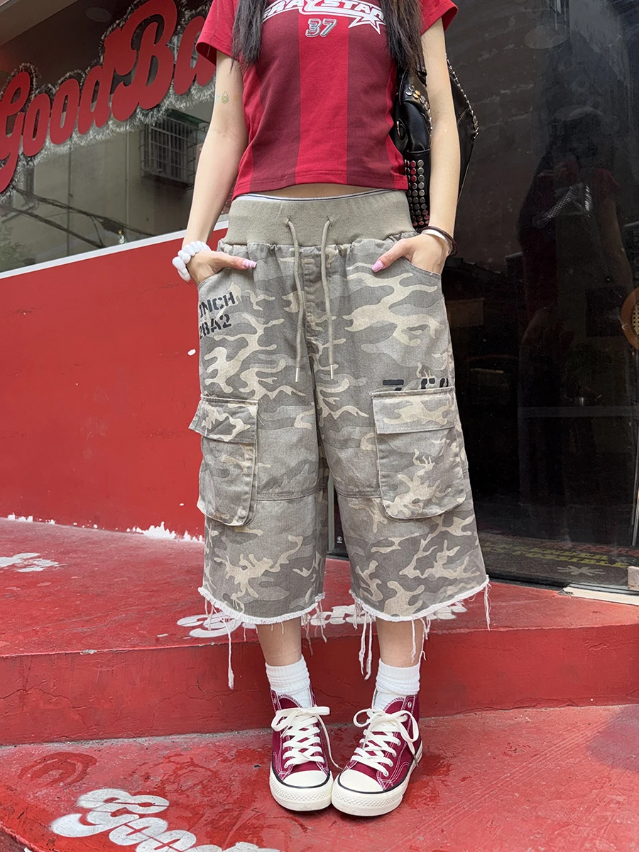 

American Style Camouflage Work Pants Women's Summer New Washed Wide Leg Multi-Pocket Casual Trousers Fashionable Straight Cut