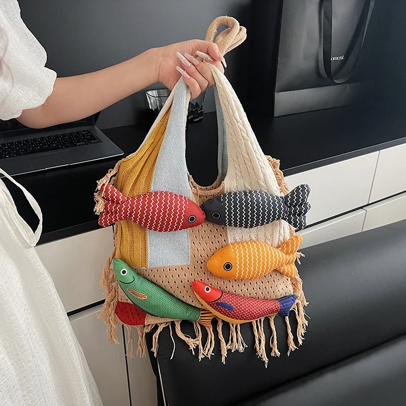 

Fish Tote Bag Lazy Style Knitted Bag For Women 2025 New Trendy Fashion Versatile Commuter Shoulder Bag Large Capacity Tote Bag