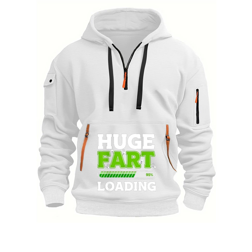 2026 Huge Fart Loading Print Autumn Winter Men's New Fashion Multi-zipper Design Hoodie Casual Half-zip Loose Pullover