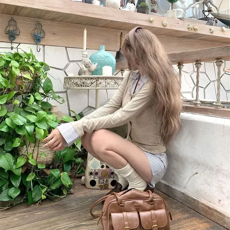 الخريف مخطط المرقعة مطابقة مجموعات قطعتين مجموعة طويلة الأكمام الملابس النسائية ضئيلة الكورية التلبيب زر شيك التنانير الصغيرة مجموعات #6