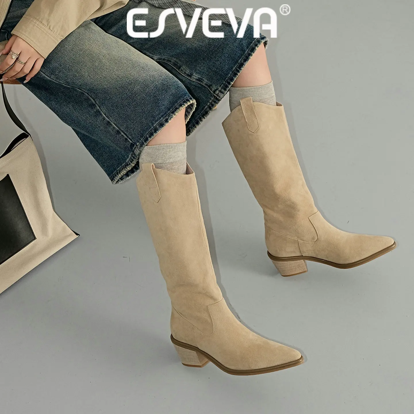 ESVEVA 2027 Fashion Women Knee High Boots Cow Suede Autumn Shoes Pointed Toe Winter High Heels Western Cowboy Long Boots 34-39