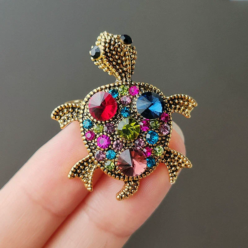 Vintage Cute Tortoise Brooches for Women Fashion Colorful Rhinestones Brooch Pins Coat Sweater Jewelry Animal Accessories Gift