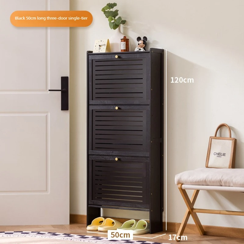 Minimaal ultradunne houten schoenenkast, moderne multi-laagse opklapbare schoenenrek, bamboe schuifdeur wandkast