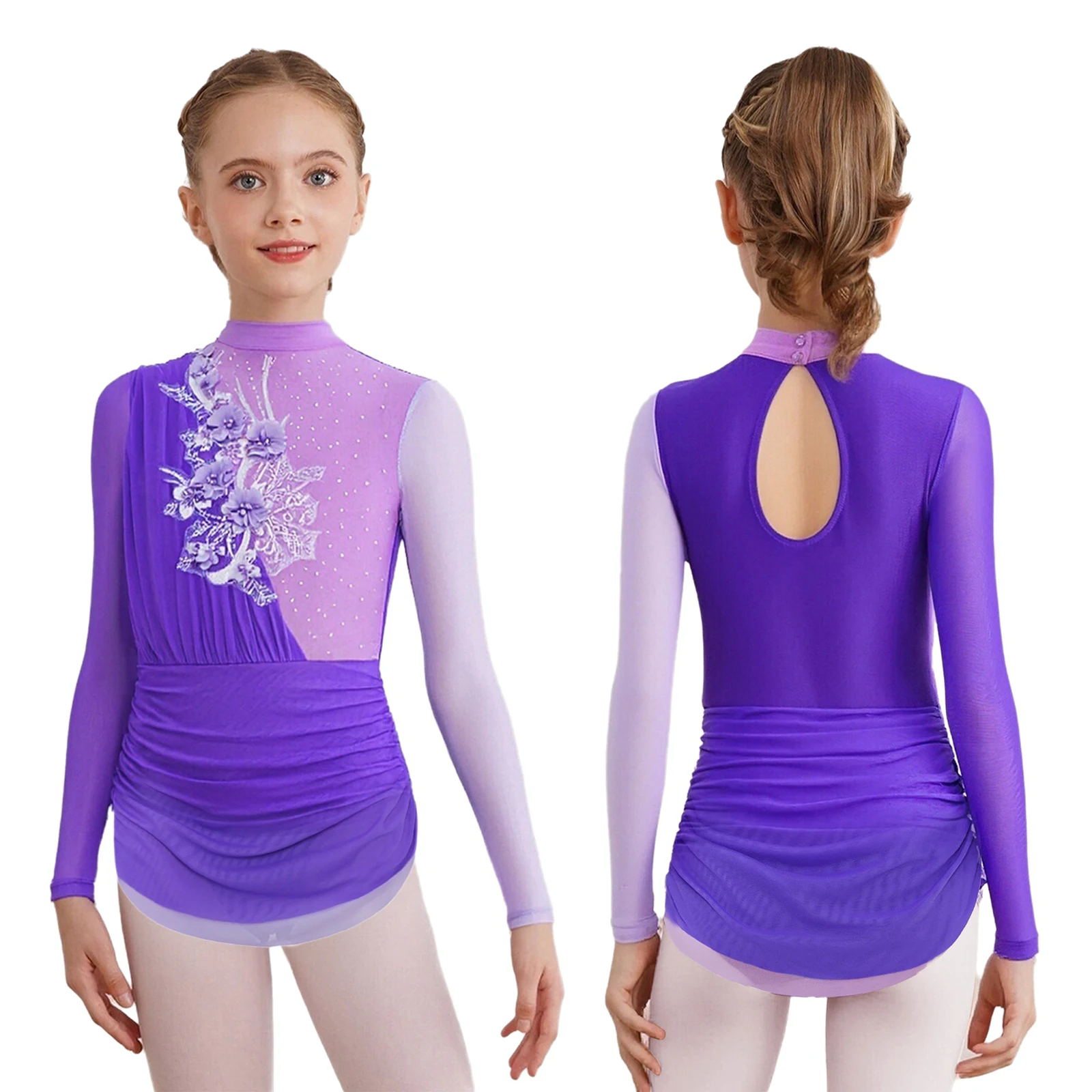 Kids Girls Gymnastics Ballet Lyrical Dance Dress Applique Figure Skating Dresses Dancewear Children Stage Performance Costume