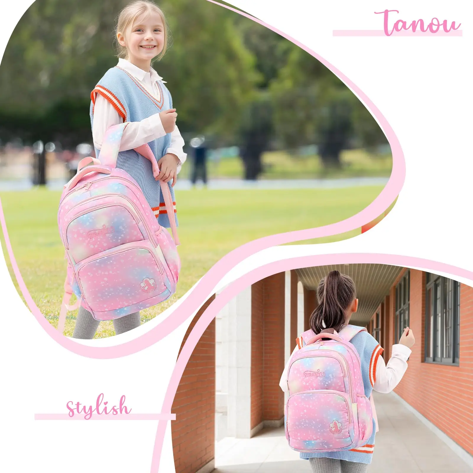 Girls School Backpack 3 Pieces with Lunch Bag Pencil Case Breathable School Bag Teenager Girls for 3-9 Grades Backpack