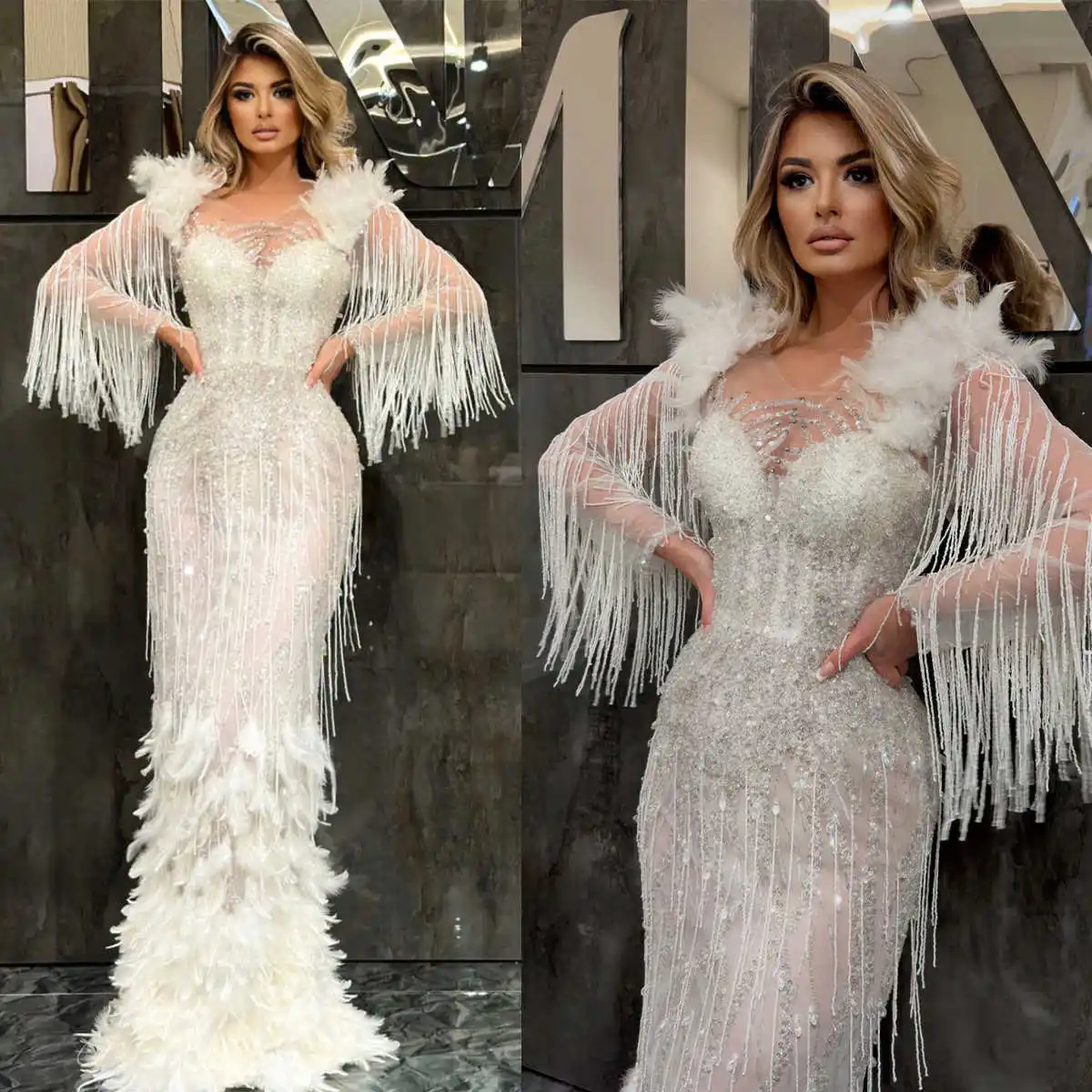 

Glamorous Mermaid Wedding Dresses Feathers Sequins Tassels Lines Long Sleeves Floor Length Bridal Custom Made Robe De Mariée