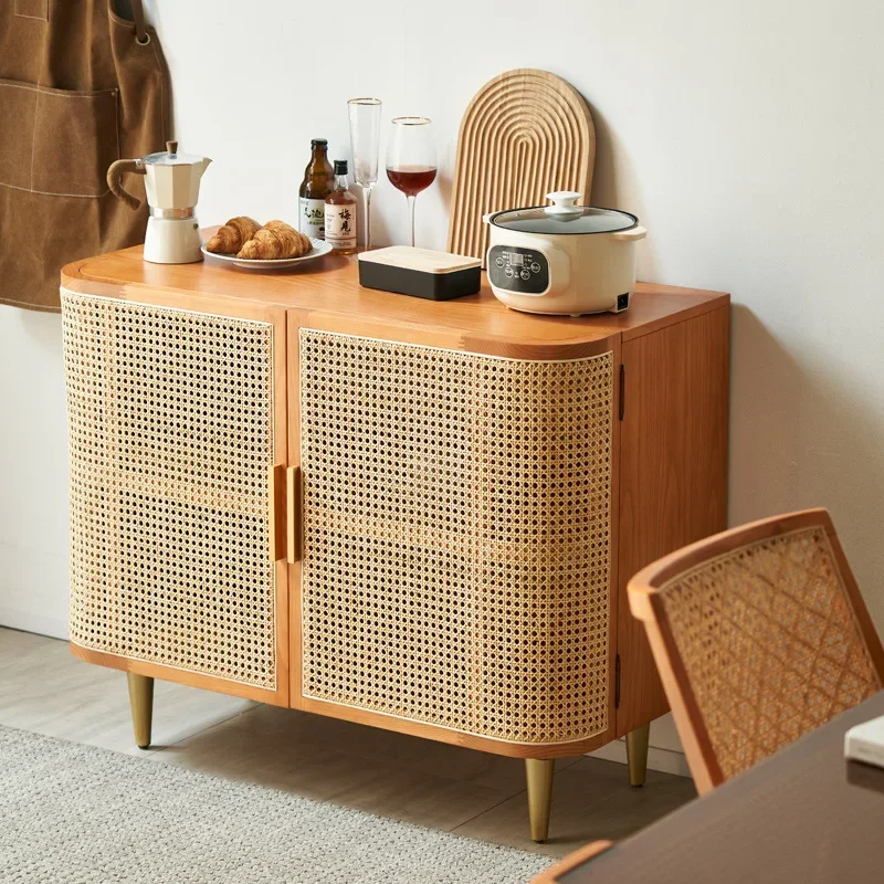 Nordic rattan solid wood sideboard, home living room multi-function storage cabinet, storage cabinet, multi-layer double door en