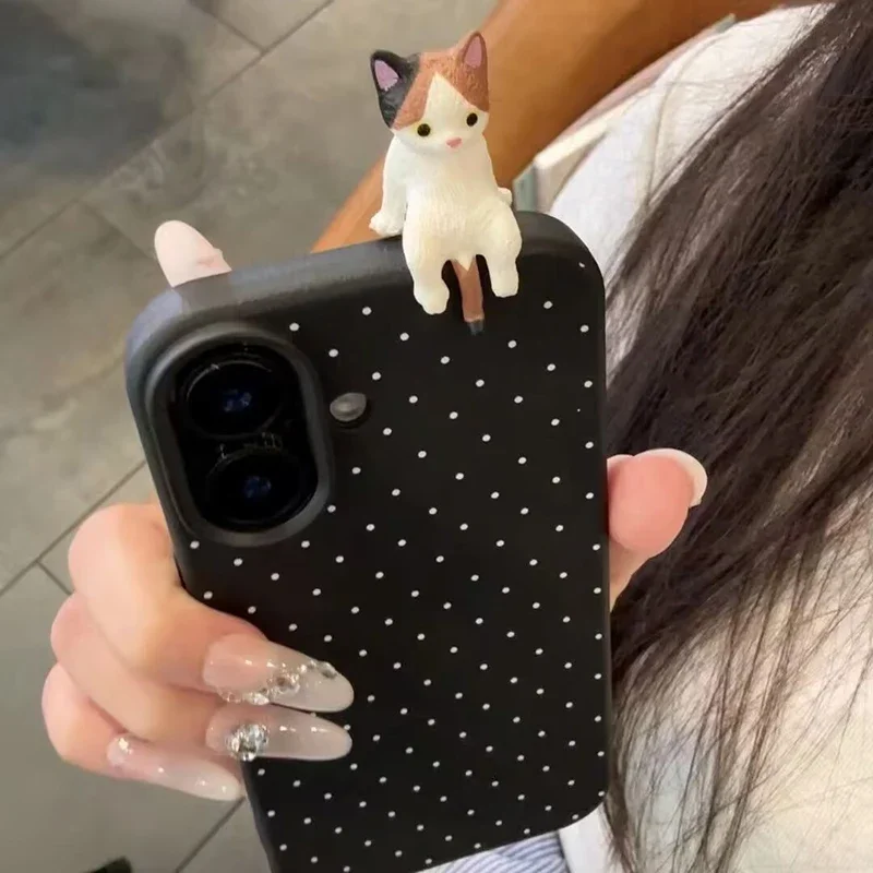 For iPhone 16 Pro Cute 3D Cat Dog Dot Leather Phone Case For iPhone 16 15 13 14 12 11 Pro Max Korean Lovely Kitten Soft Cover