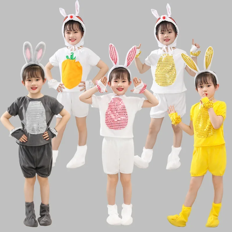 Rabbit Children's Performance Costumes Cute Animal Outfits Set Students Party Dance Clothes Kids Kindergarten's Stage Yarn Skirt