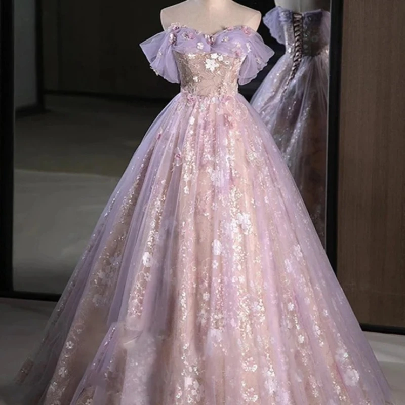 

Светлое роскошное розовое фиолетовое вечернее платье женское милое плиссированное платье с открытыми плечами и цветочной аппликацией платье для выпускного вечера с блестками трапециевидной формы Vestido