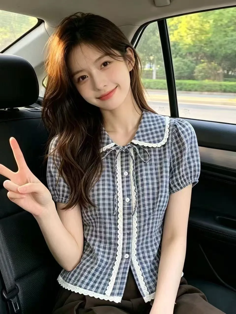 

Sweet School Style Lace Trim Shirt Women Summer Doll Collar Bubble Sleeve Open Cardigan Korean Slimming Top Commute Style