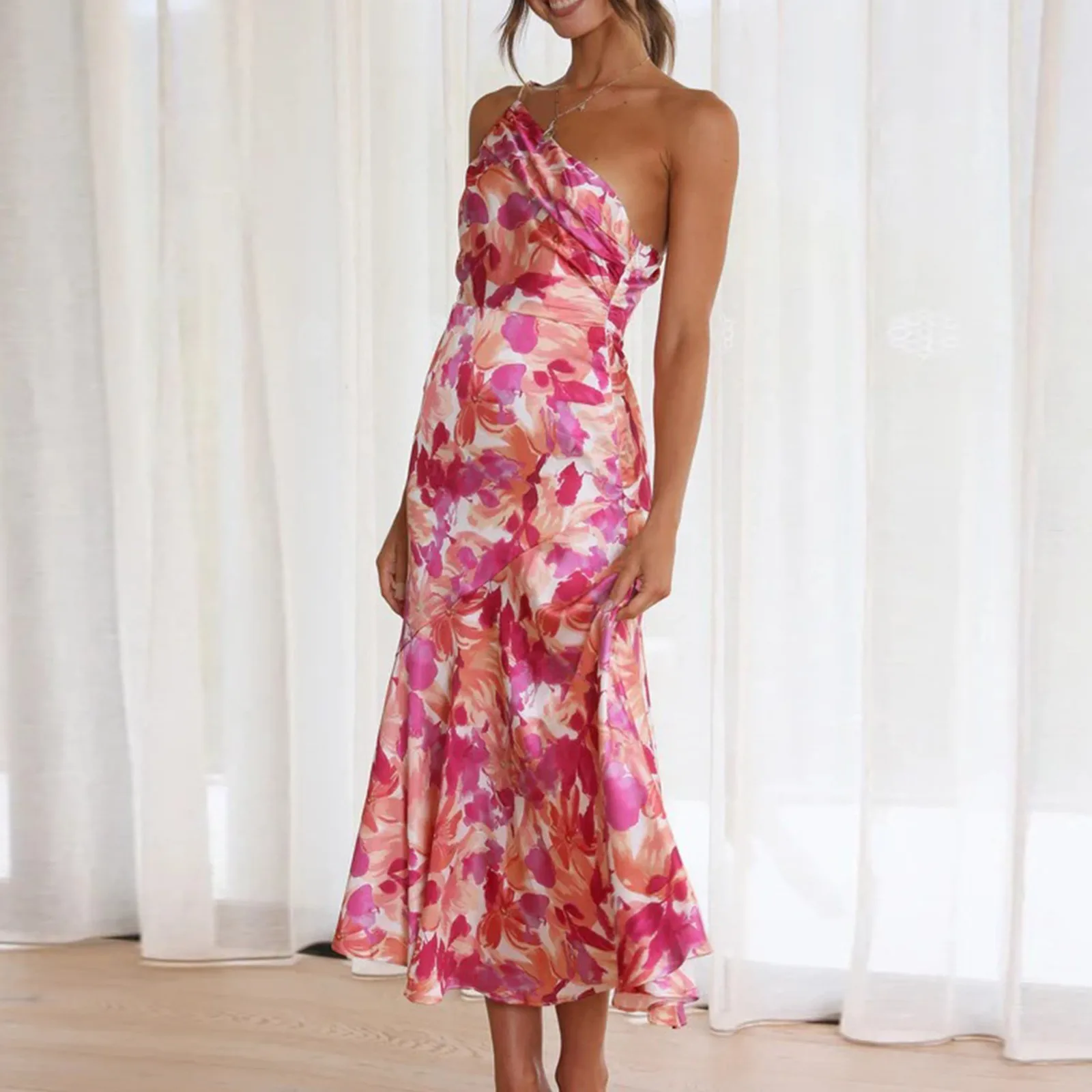 Eleganckie ukośne ramiona plisowane kwiatowy Print Spaghetti sukienki dla kobiet 2024 seksowny pasek z odkrytymi plecami letnia sukienka Midi Vestidos — zdjęcie 4