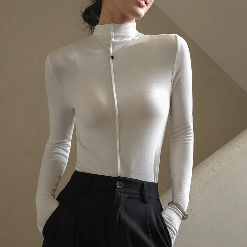 Cashmere silk protein autumn and winter modal half turtleneck bottoming shirt for women with long-sleeved slim fit top