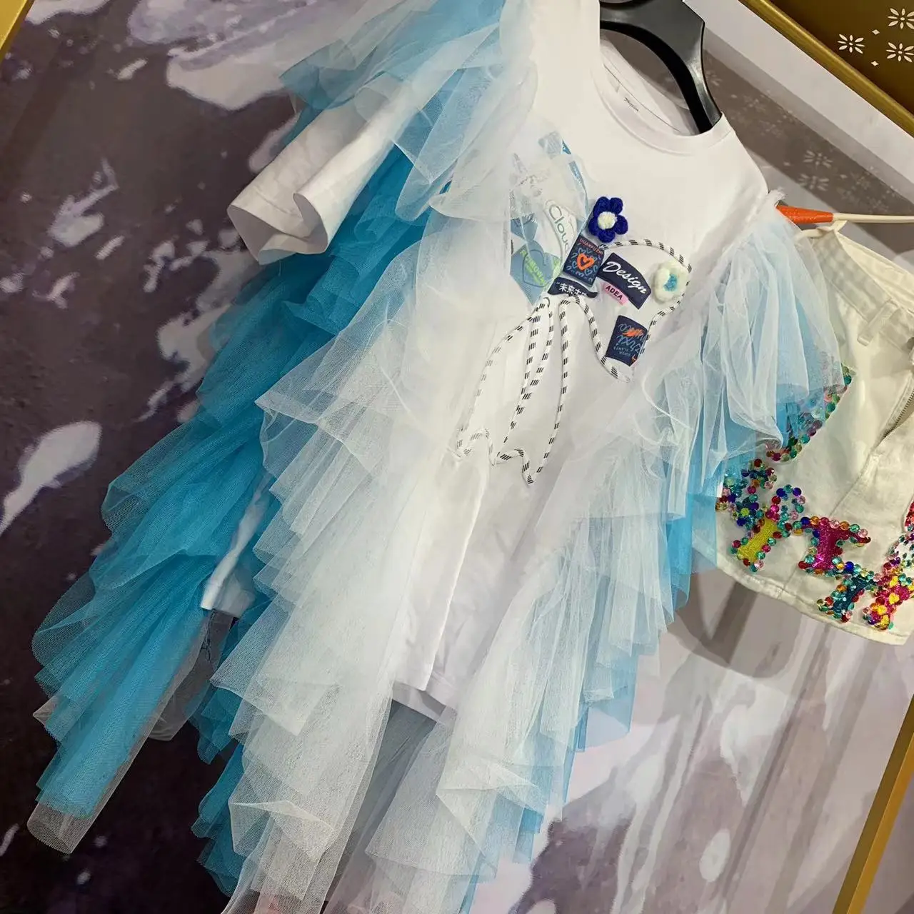 オリジナルデザインカラーブロックマカロンメッシュスプライシング妖精 Tシャツ新しい夏のエレガントな半袖 Tシャツかわいい弓 O ネックカジュアルトップ